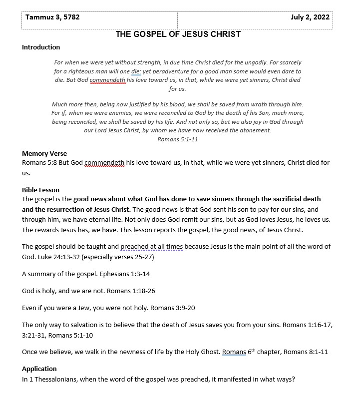 The Gospel of Jesus Christ - Sabbath School lesson