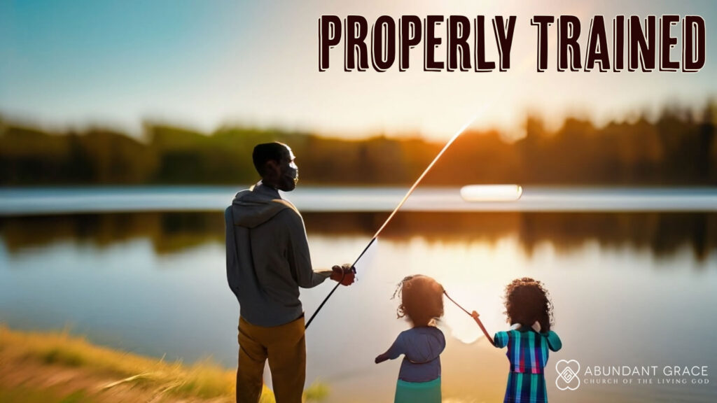 A picture of a man teaching his daughters to fish on the shore of a lake on a sunny day