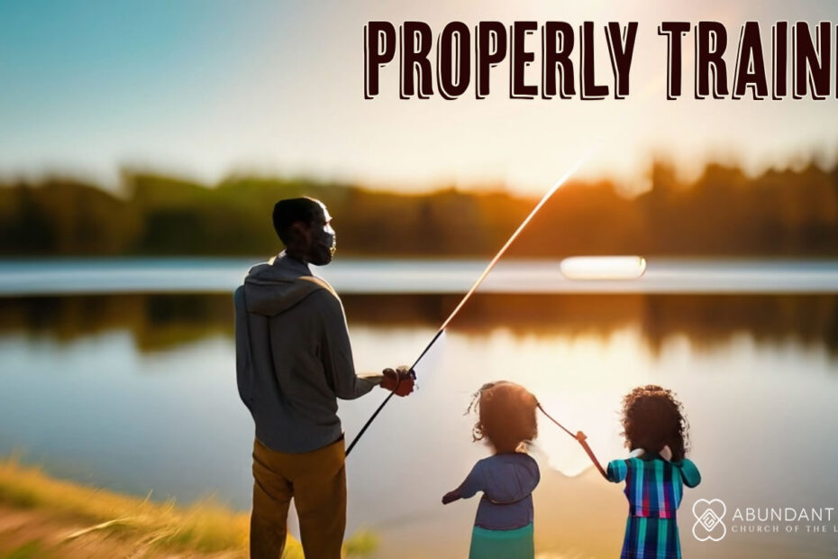 A picture of a man teaching his daughters to fish on the shore of a lake on a sunny day