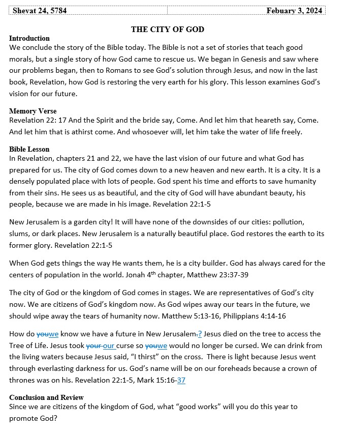 Sabbath School lesson: The City of God