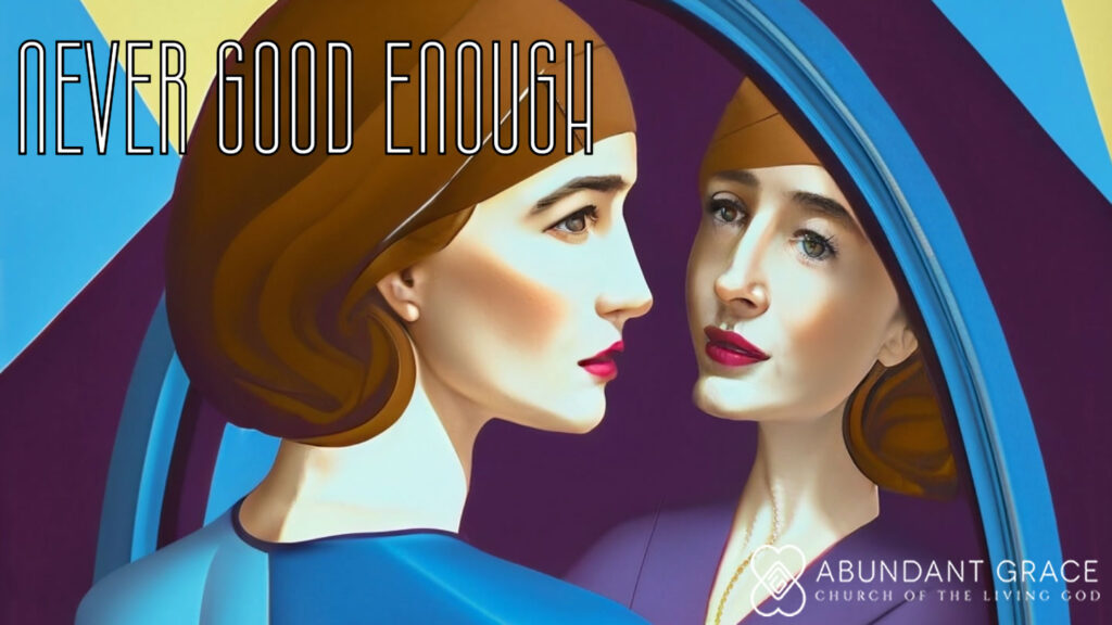 A woman staring at a reflection of herself in the mirror