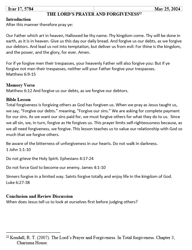 Sabbath School Lesson: The Lord's Prayer and Forgiveness