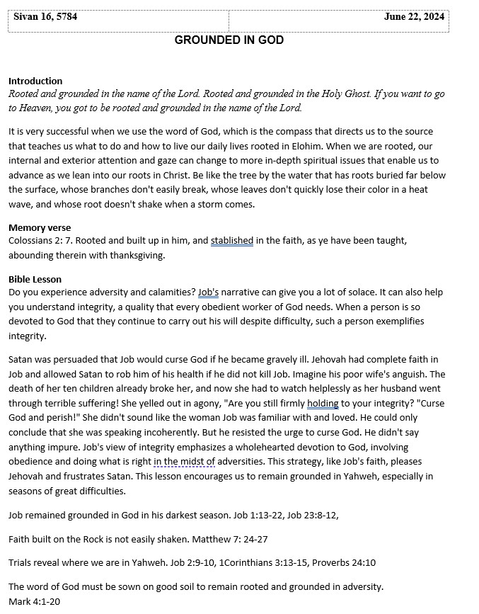 Sabbath School lesson: Grounded in God