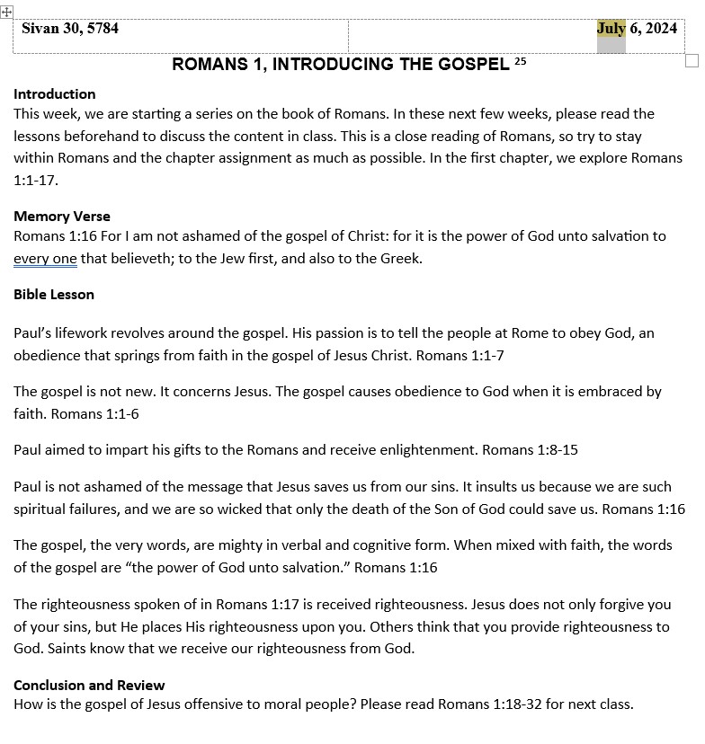 Sabbath School Lesson: Romans 1: introducing the Gospel