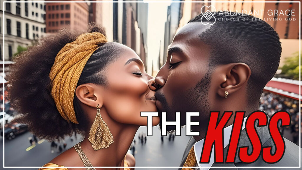 A picture of a married couple kissing at a parade in New York City