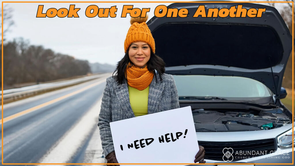 A picture of a woman dressed in winter attire who is standing by a broken down car on the side of the highway, holding a sign that says, I NEED HELP!