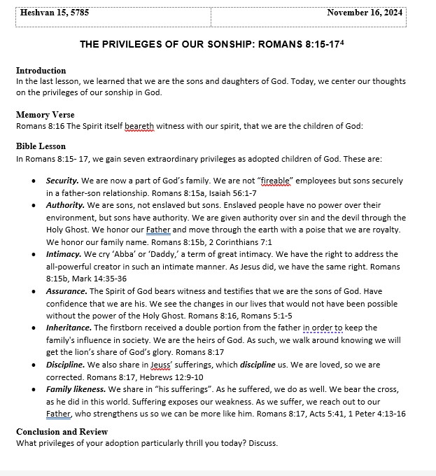 Sabbath school lesson on the privlieges of our sonship
