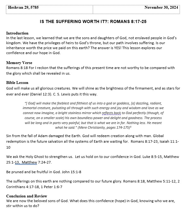 Sabbath School Lesson: is the suffering worth it