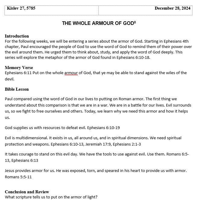 Sabbath School Lesson: the whole armour of God