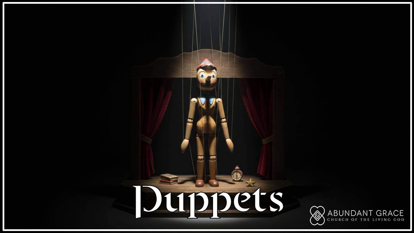 A wooden puppet standing on a small toy stage in a dark room.