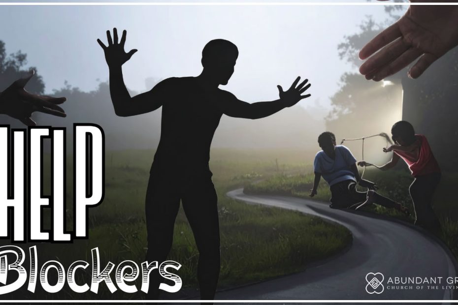 a person standing in the middle of a path with their arms stretched outward, acting as a barrier that blocks helpers from reaching someone in need further down the road.