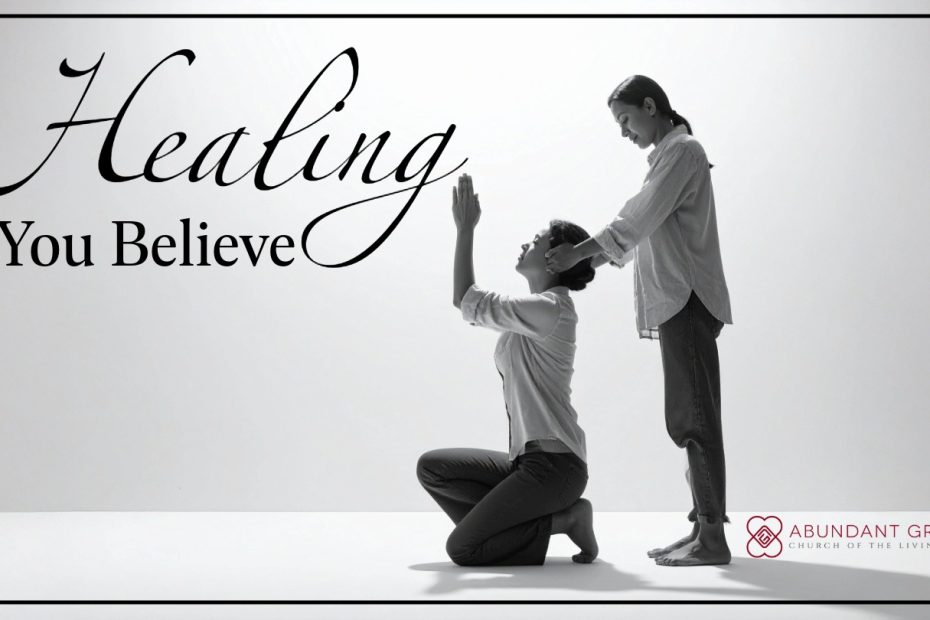 a minamlist image that features a upper torso shot of a person on their knees with their arms up in the air, as another person lays hands on them to heal them.
